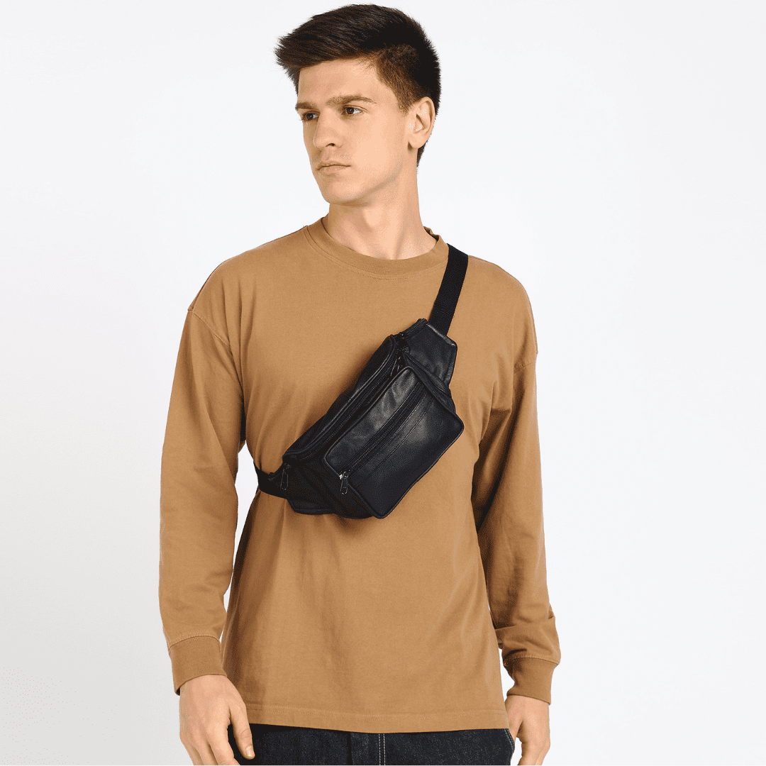 Leather Black Unisex Jumbo Fanny Pack with Side Zipper Pockets by Leatherboss