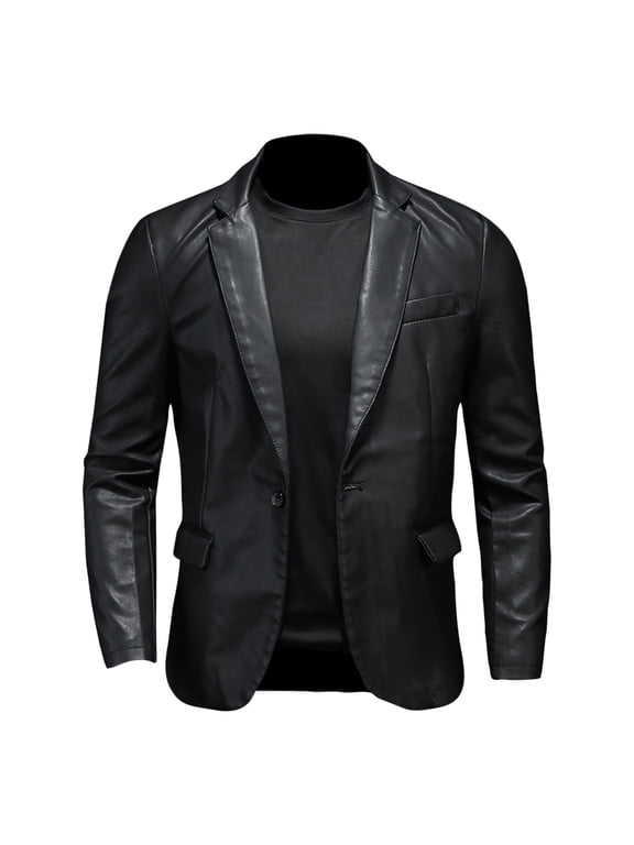 Leather Blazer For Men Real Lambskin Lapel Collar Classic 2 Button Black Coat Elegant Motorcycle Pu Suit Jackets With Pockets