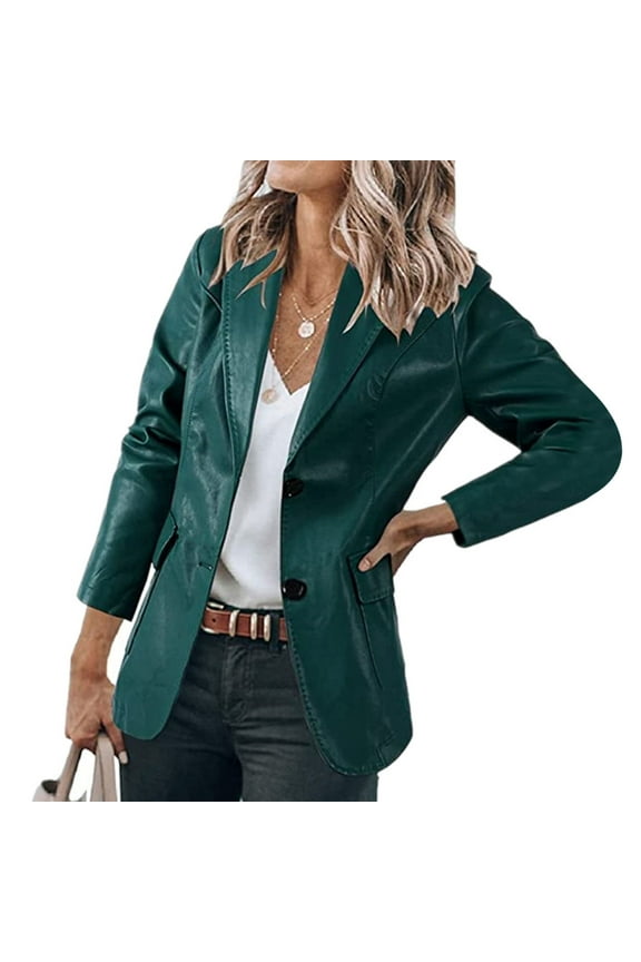 Leather Blazer Jacket for Women,Women Faux Leather Jackets Moto Biker Open Front Coat Business Work Office Blazer with Pocket