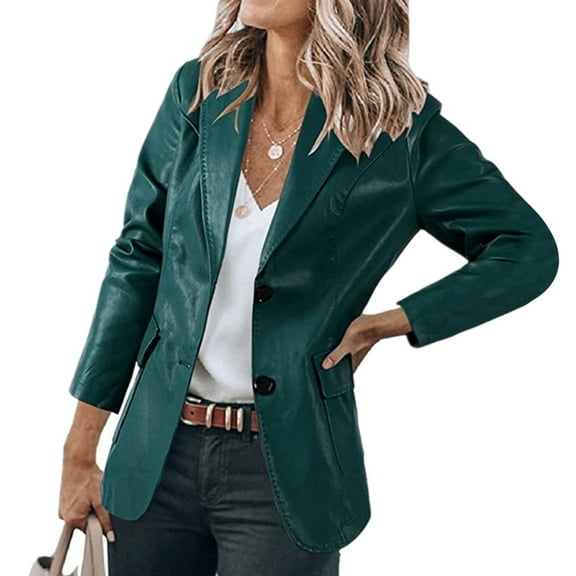 Leather Blazer Jacket for Women,Women Faux Leather Jackets Moto Biker Open Front Coat Business Work Office Blazer with Pocket