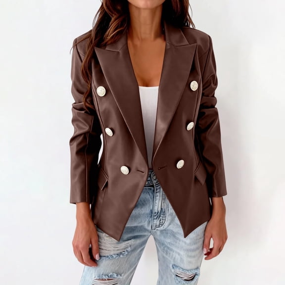 Leather Blazer Women Double Breasted Fancy Buttons Long Leather Jacket Long Sleeve Coat Style