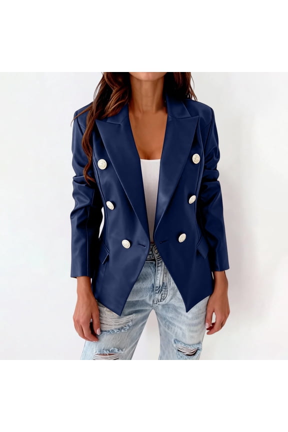 Leather Blazer Women Long Sleeve Double Breasted Fancy Buttons Coat Style Womens Leather Blazer