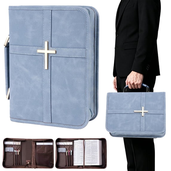 Leather Book Portfolio Cover with Handle, Large Bible Carrying Case with Pockets and Shoulder Strap for Church Office