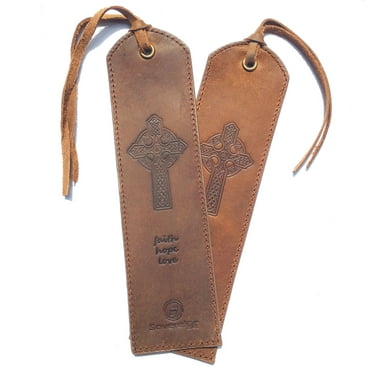 Sovereign-Gear Celtic Cross Leather Bookmarks with Tassels, Brown 2 Count Pack