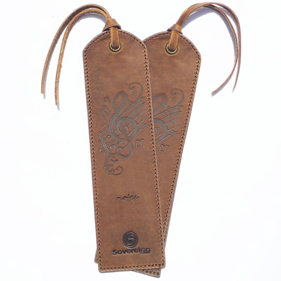 Leather Bookmarks for Men and Women | Quality Mens Bookmark with Music Notes | 2 Smooth Handmade Leather Book Markers for Men Women Book Lovers Readers (7x2") Leather Gift | Sovereign-Gear