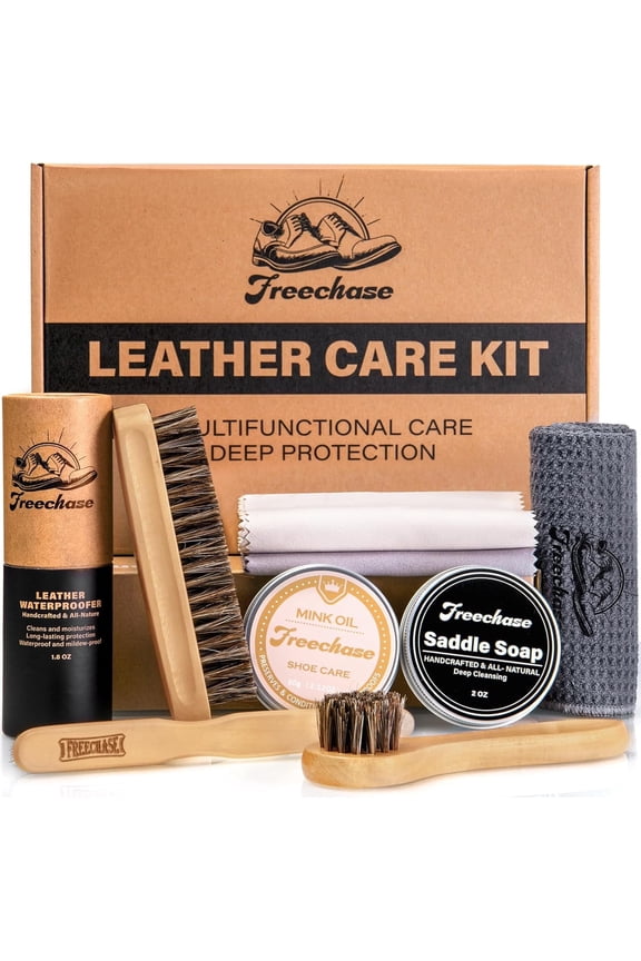 Leather Boot Care Kit - 9 PCS Saddle Soap, Mink Oil, Waterproofing Wax, Shoe Brushes, and More for Leather Boot care and Cleaning, Leather conditioner Gift for Men Women