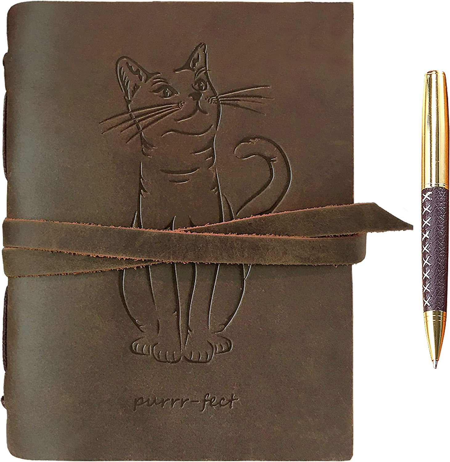 Leather Bound Journal for Men and Women, Handmade Gift Set with Cat Embossed Leather Journal and Stylish Pen, Vintage and Classic, Notebook, Sketchbook, Planner and Diary A5 8x6"