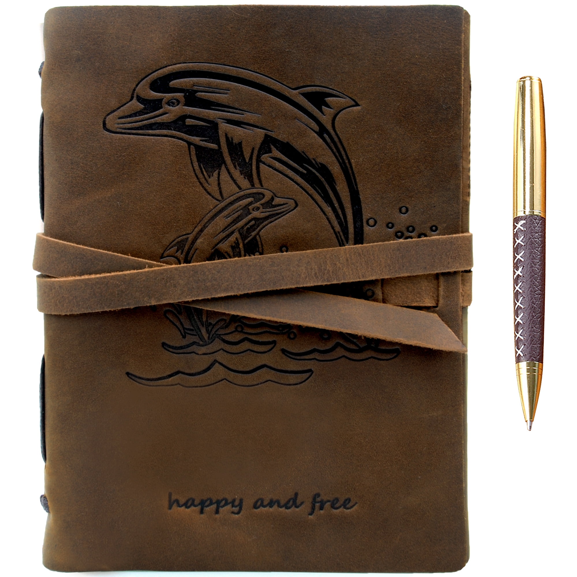 Leather Bound Journal for Men and Women, Handmade Gift Set with Dolphin Embossed Journal and Stylish Pen, Vintage and Classic, Notebook, Sketchbook, Planner and Diary (300 Pages) (8x6")