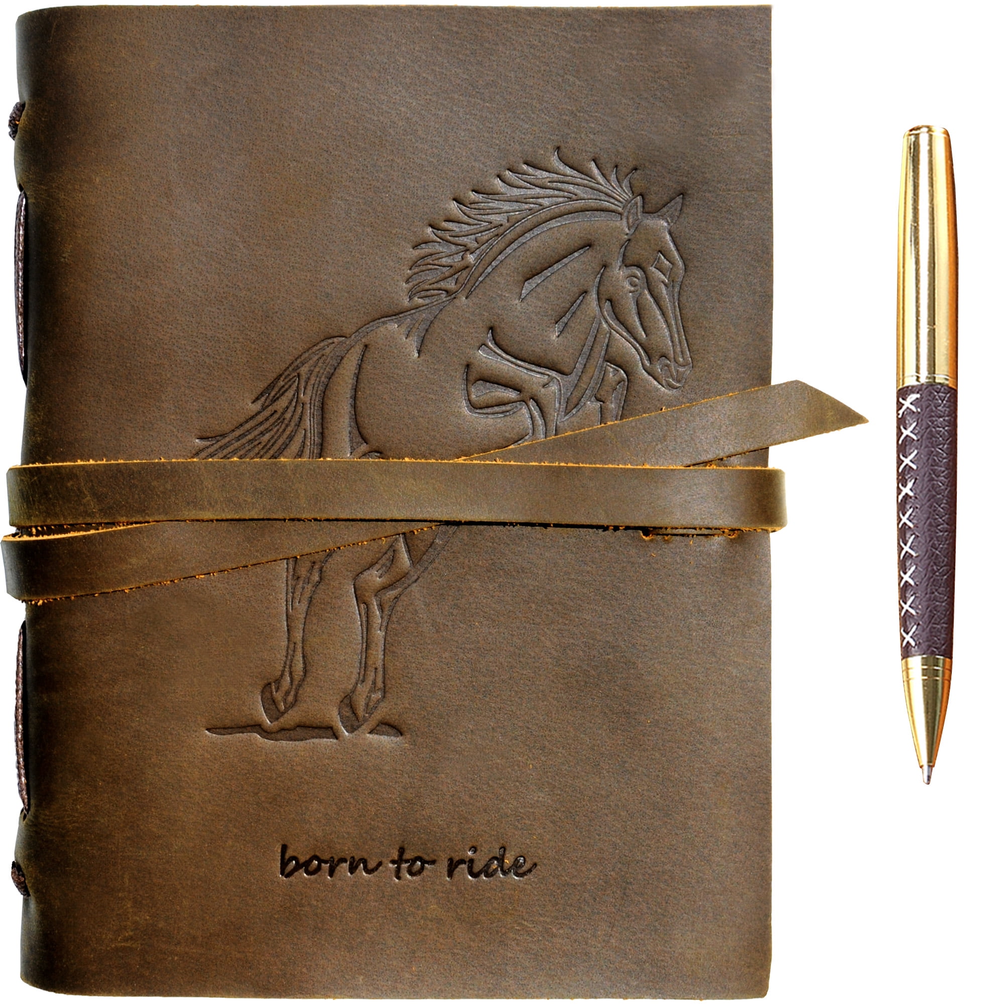 Leather Bound Journal for Men and Women, Handmade Gift Set with Horse Embossed Journal and Stylish Pen, Vintage and Classic, Notebook, Sketchbook, Planner and Diary (300 Pages) (8x6")