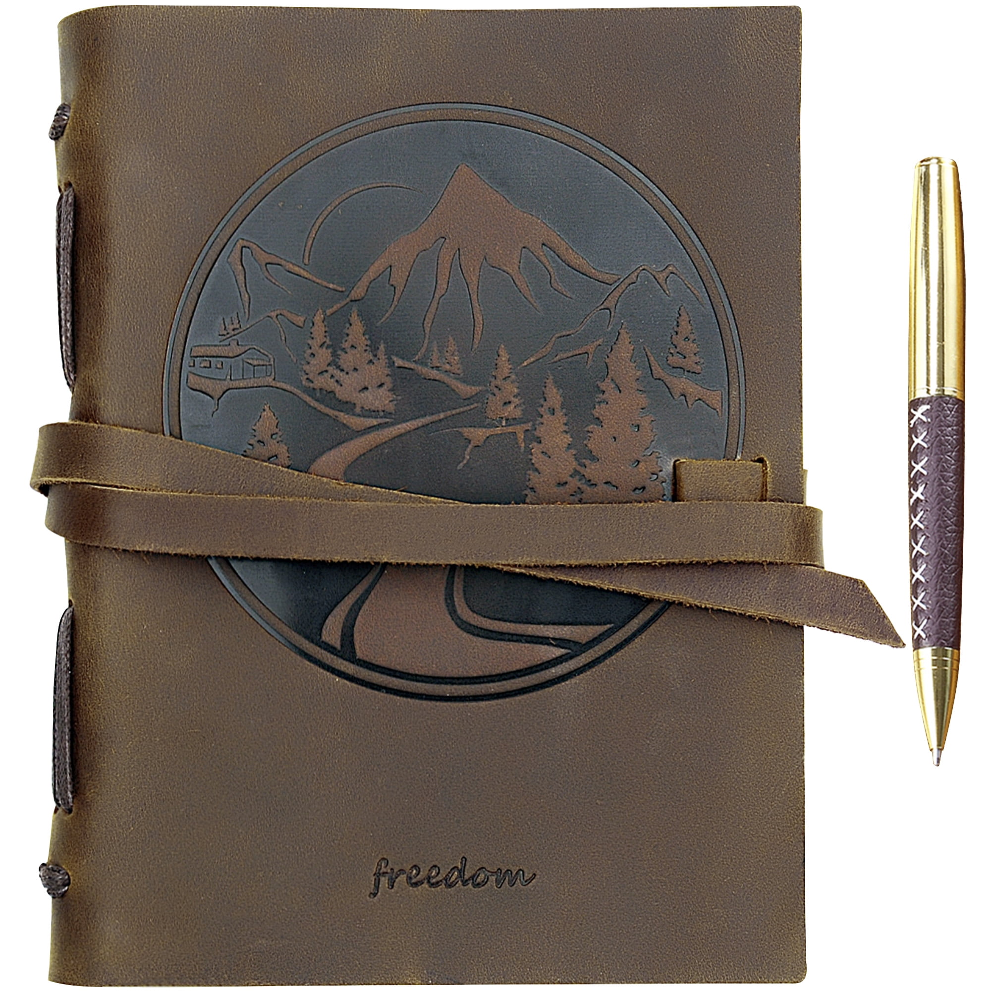 Leather Bound Journal for Men and Women, Handmade Gift Set with Mountain Embossed Journal and Stylish Pen, Vintage and Classic, Notebook, Sketchbook, Planner and Diary (300 Pages) (8x6")