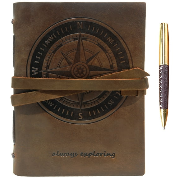 Leather Bound Journal for Men and Women, Handmade Gift Set with Nautical Compass Embossed Journal and Stylish Pen, Vintage and Classic, Notebook, Sketchbook, Planner and Diary (300 Pages) (8x6")