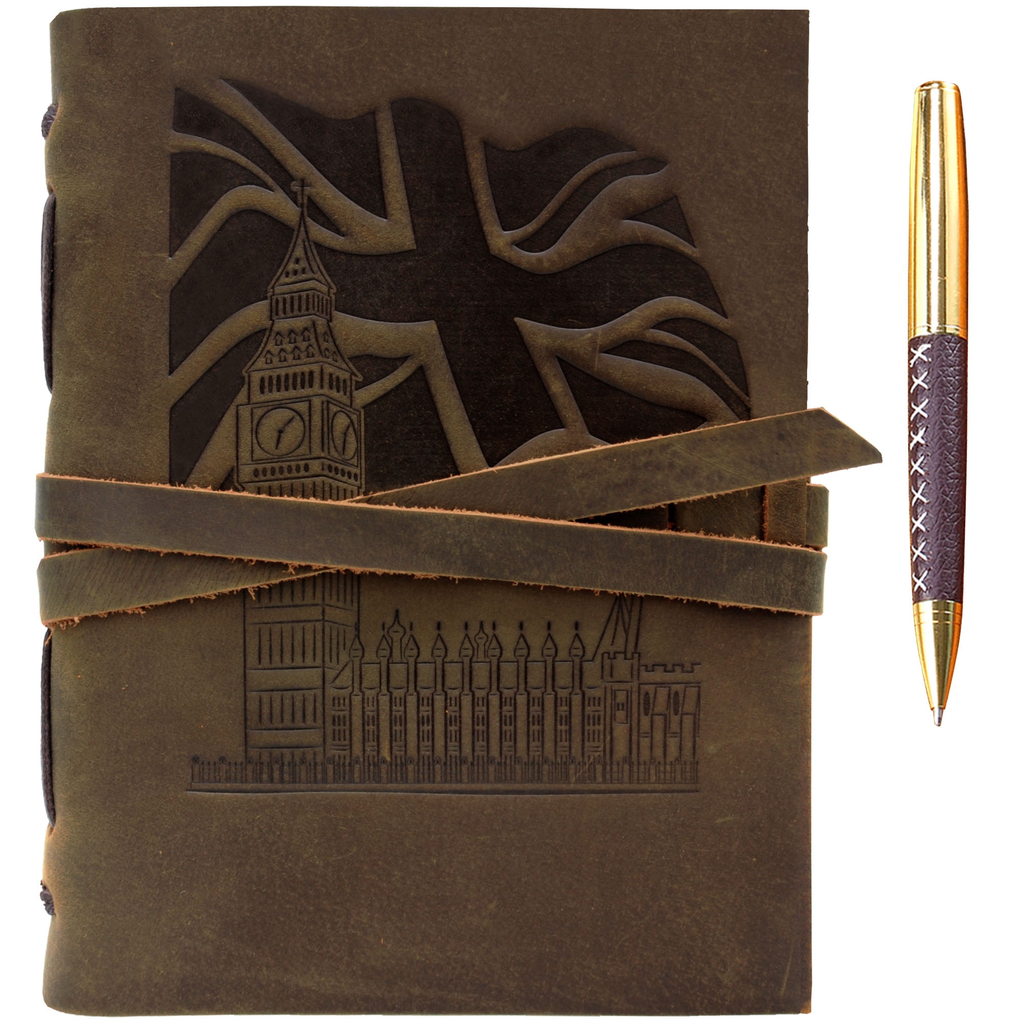 Leather Bound Journal for Men and Women, Handmade Gift Set with Union Jack Flag and Big Ben Embossed Journal and Stylish Pen, Vintage and Classic, Notebook, Sketchbook, Planner Diary (300 Pages) 8x6"