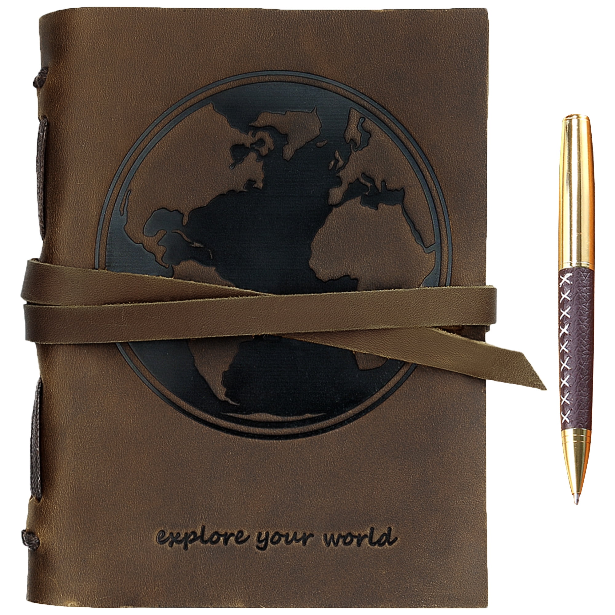 Leather Bound Journal for Men and Women, Handmade Gift Set with World Map Embossed Journal and Stylish Pen, Vintage and Classic, Notebook, Sketchbook, Planner and Diary (300 Pages) (8x6")
