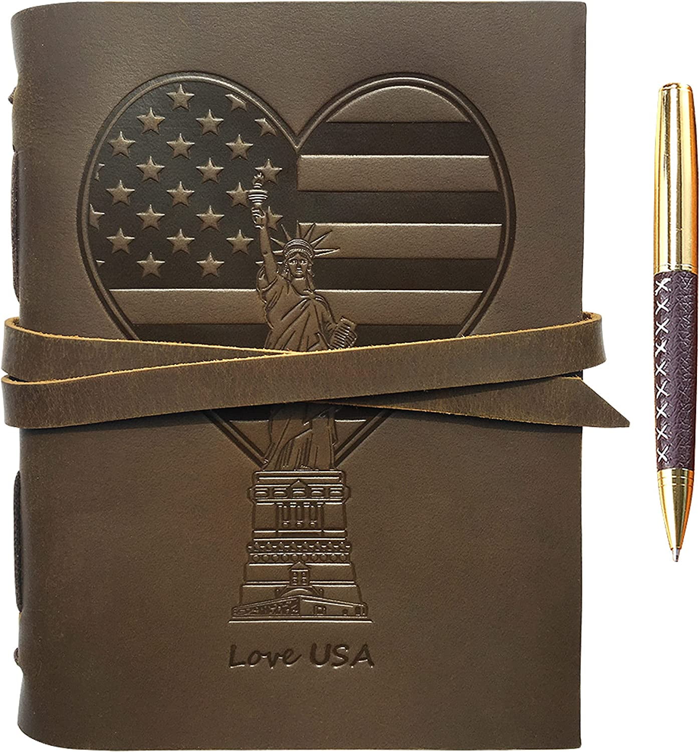Leather Bound Journal for Men and Women, Handmade Patriotic Gift Set with Love USA Heart Flag Embossed Journal and Stylish Pen, Vintage Notebook, Sketchbook, Planner and Diary (300 Pages) (8x6")