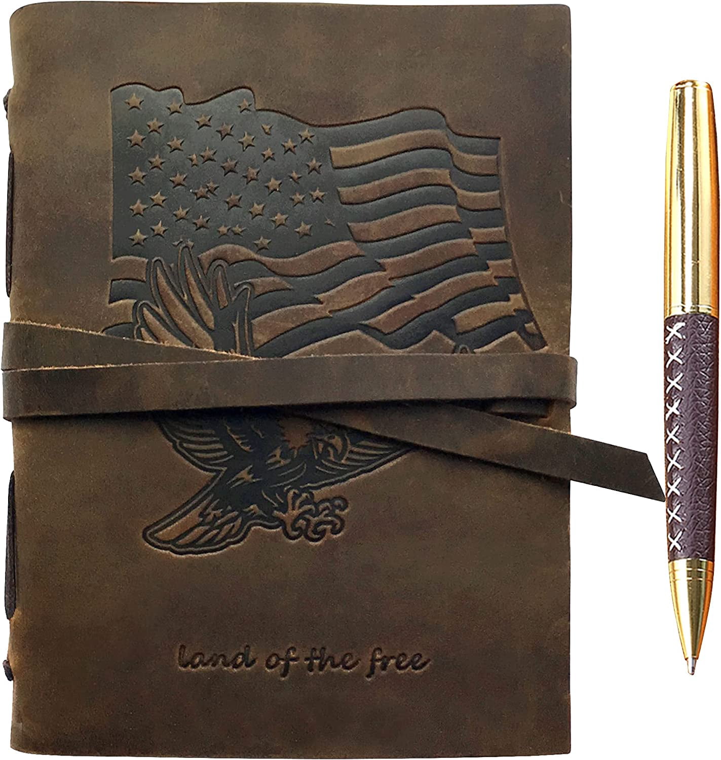 Leather Bound Journal for Men and Women, Handmade Patriotic Gift Set with USA Flag and Eagle Embossed Journal and Stylish Pen, Vintage Notebook, Sketchbook, Planner and Diary A5 (300 Pages) (7x5")