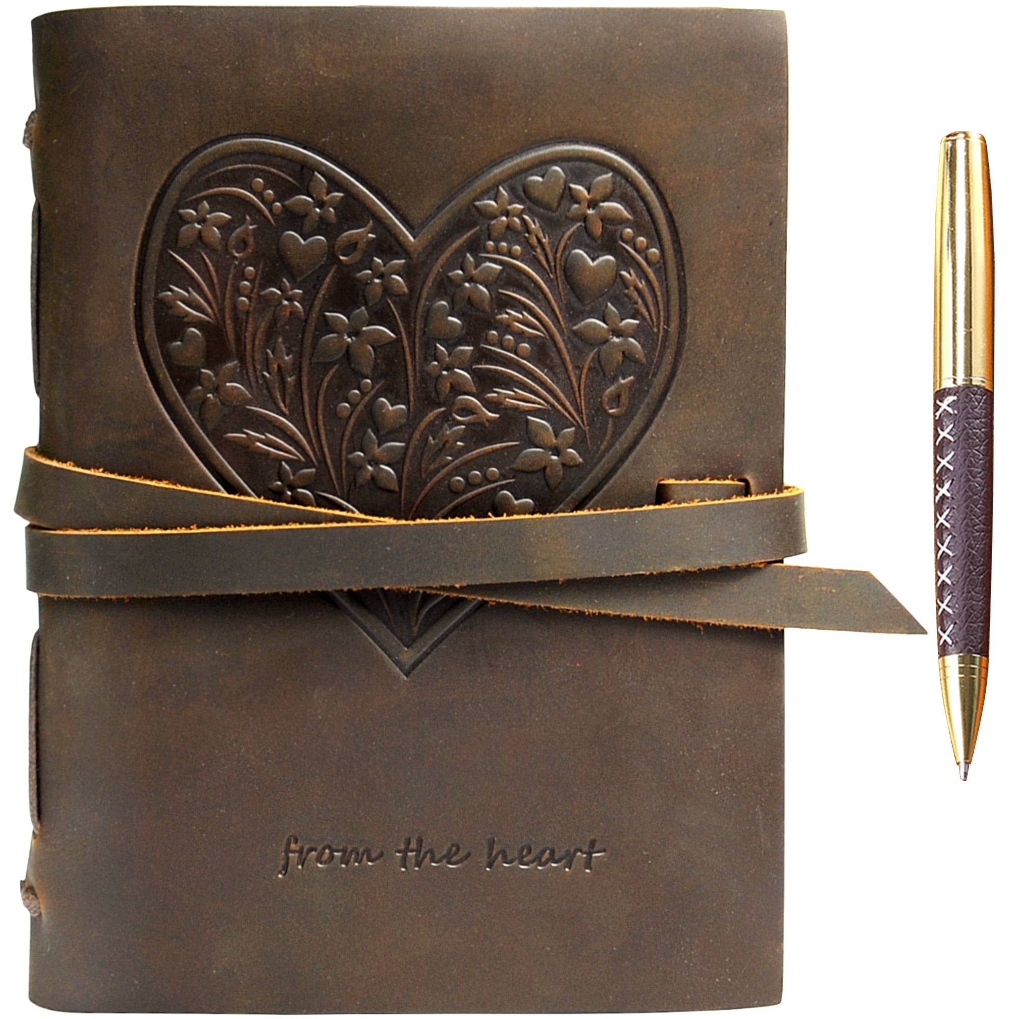 Leather Bound Journal for Women, Handmade Gift Set with Heart Flowers Embossed Journal and Stylish Pen, Vintage and Classic, Notebook, Sketchbook, Planner and Diary (300 Pages) (8x6")