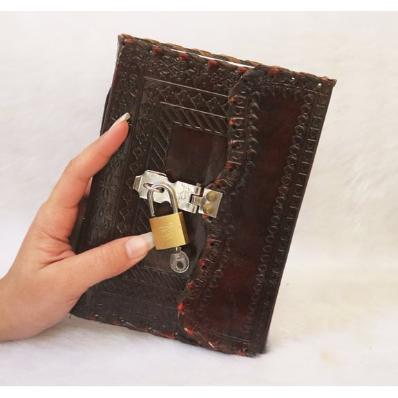 Leather Bound Journal with Key Lock Handmade Vintage Large 7" Embossed For Men Women Blank Pages Personal Diary Notebook Journal Gift Antique.