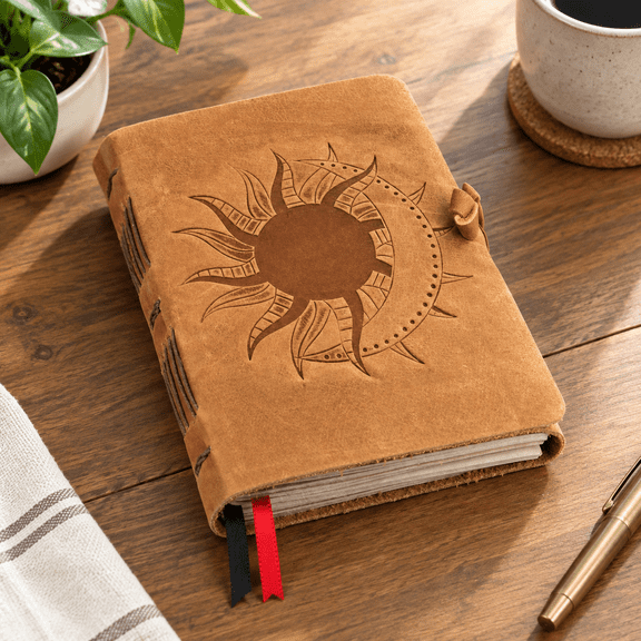 Leather Bound Sun & Moon Lined Journal, 5x7 Inches, 184 Pages