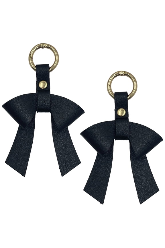 Leather Bow Keychain, 2 Pcs Black Leather Bow Bag Charm with Gold Studs, Elegant Key Ring for Bags, Purses, and Handbags, Stylish Gift for Women
