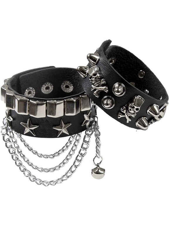Leather Bracelet Combo Metal Star & Spike Inlay Grunge & Punk Adjustable Wristband with Skull and Chains Decor Alt fashion Emo Style Accessories 8.66in/21cm