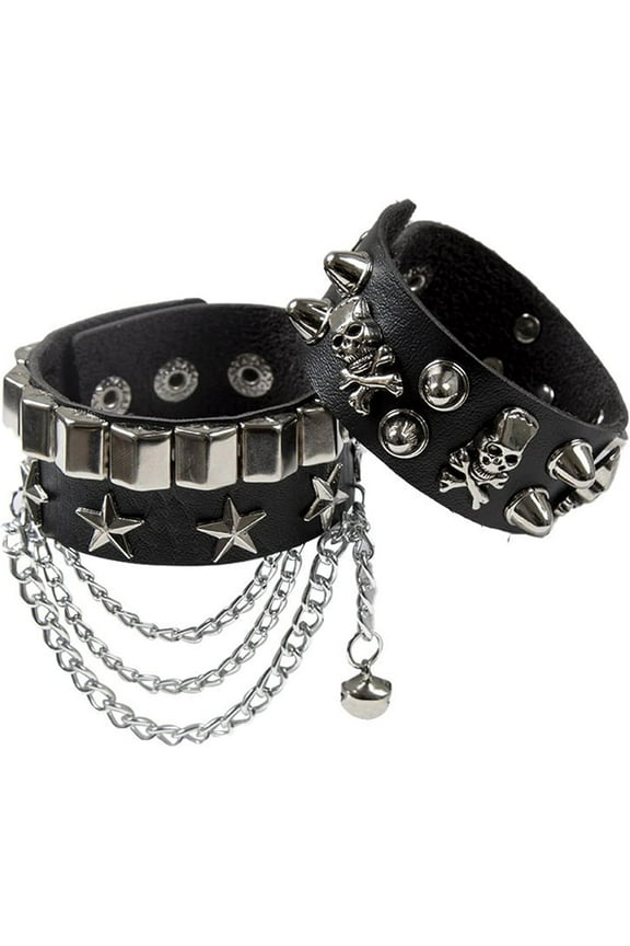 Leather Bracelet Combo Metal Star & Spike Inlay Grunge & Punk Adjustable Wristband with Skull and Chains Decor Alt fashion Emo Style Accessories 8.66in/21cm