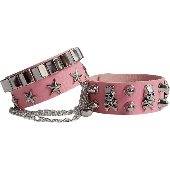 Leather Bracelet Combo Metal Star & Spike Inlay Grunge & Punk Adjustable Wristband with Skull and Chains Decor Alt fashion Emo Style Accessories 8.66in/21cm