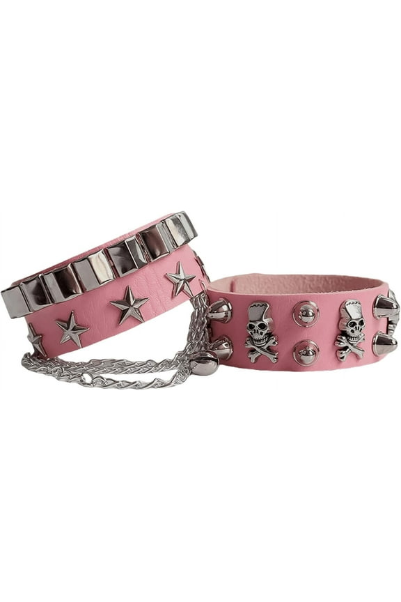 Leather Bracelet Combo Metal Star & Spike Inlay Grunge & Punk Adjustable Wristband with Skull and Chains Decor Alt fashion Emo Style Accessories 8.66in/21cm