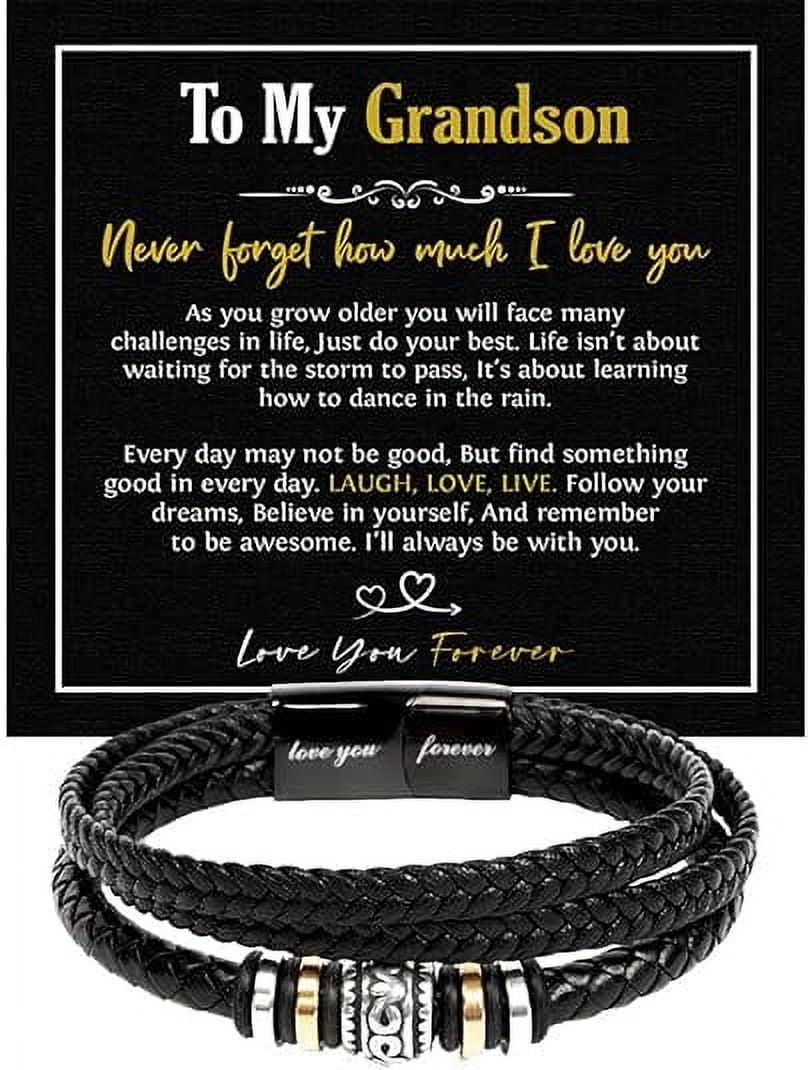 Leather Bracelet Gift for Boys, Bracelet for Grandson from Grandparents, Beads Bracelet For Grandson, Birthday Gift Bracelets with Message Card and Gift Box, To My Grandson Bracelet