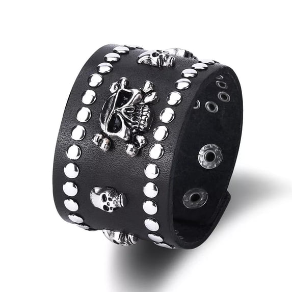Leather Bracelet Handmade Black 8 Inches 48MM Button Clasp L512