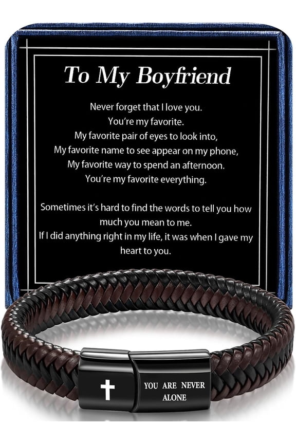 Leather Bracelet for Men Dad Husband Boyfriend Son Grandson Gift, Braided Black Leather Bracelet with Stainless Steel Engraved Joshua Scripture You are Never Alone Jewelry
