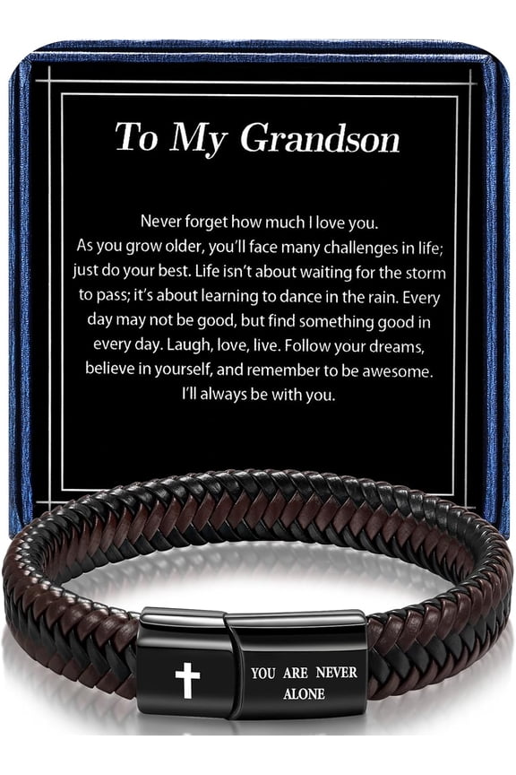 Leather Bracelet for Men Dad Husband Boyfriend Son Grandson Gift, Braided Black Leather Bracelet with Stainless Steel Engraved Joshua Scripture You are Never Alone Jewelry