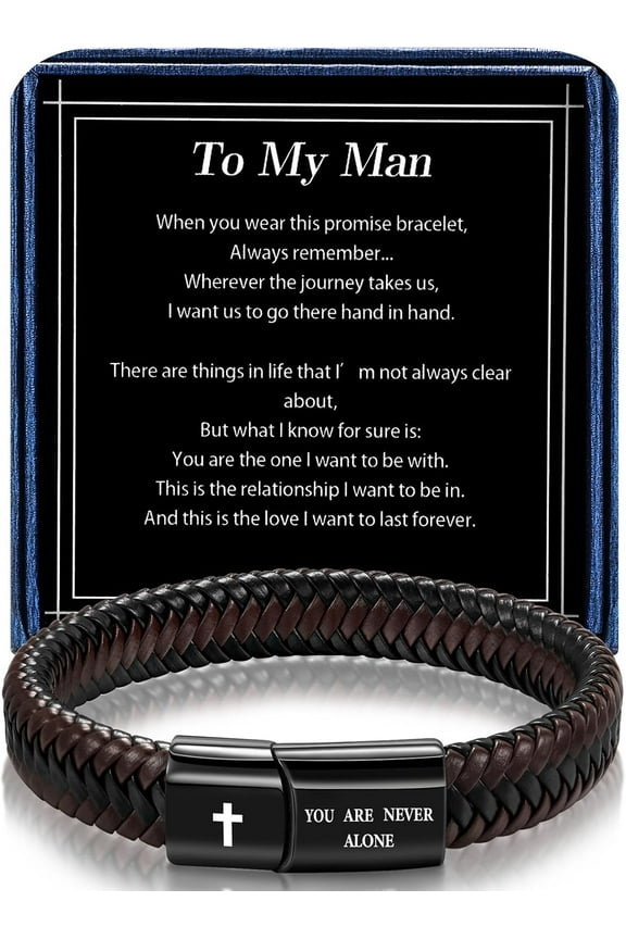 Leather Bracelet for Men Dad Husband Boyfriend Son Grandson Gift, Braided Black Leather Bracelet with Stainless Steel Engraved Joshua Scripture You are Never Alone Jewelry