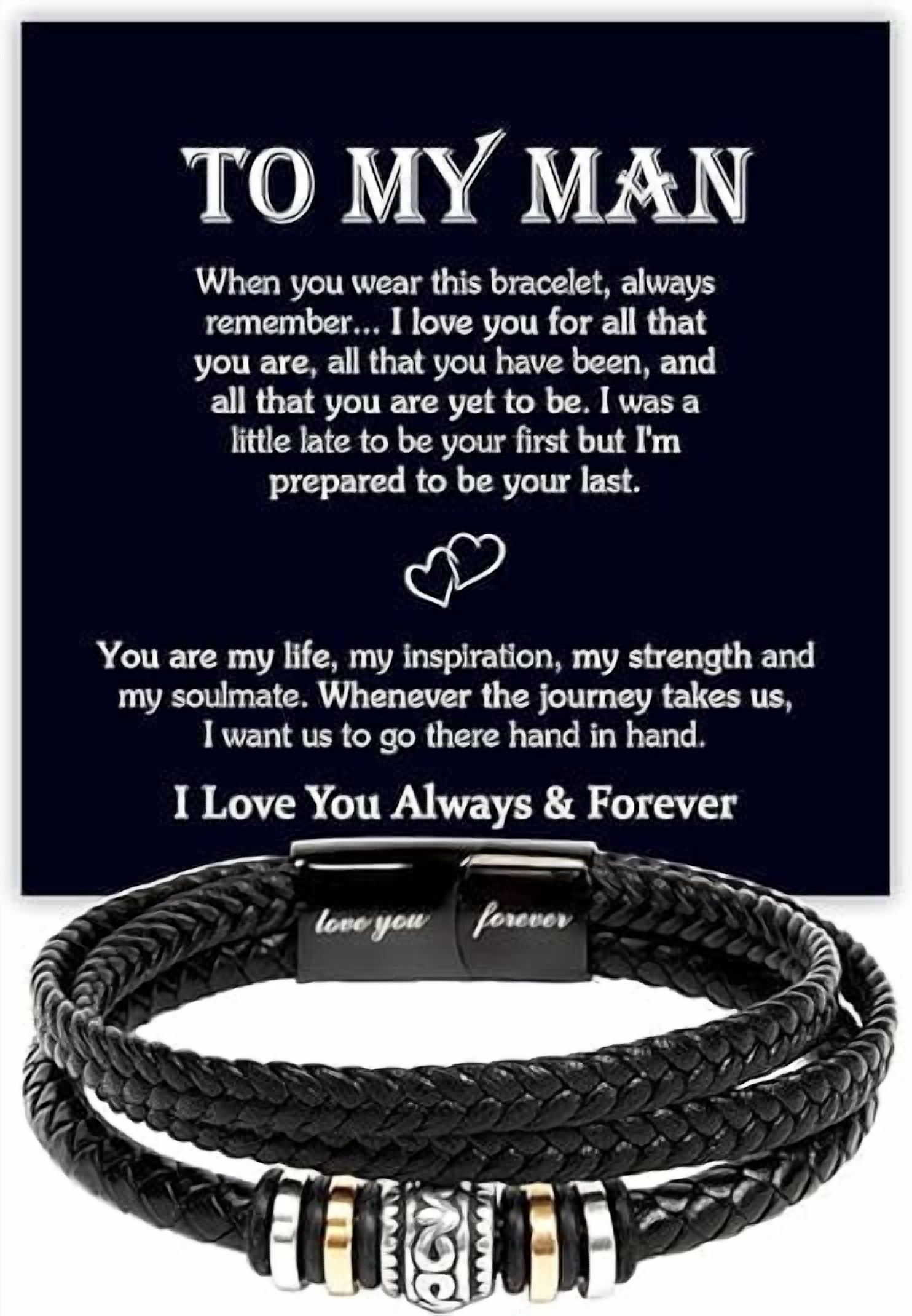 Leather Bracelet for Men, Men’s Love You Forever Bracelet Gift Ideas With Message Card, To My Man Bracelet Romantic Gift For Him, Sentimental Gifts For Husband/Boyfriend From Wife/Girlfriend