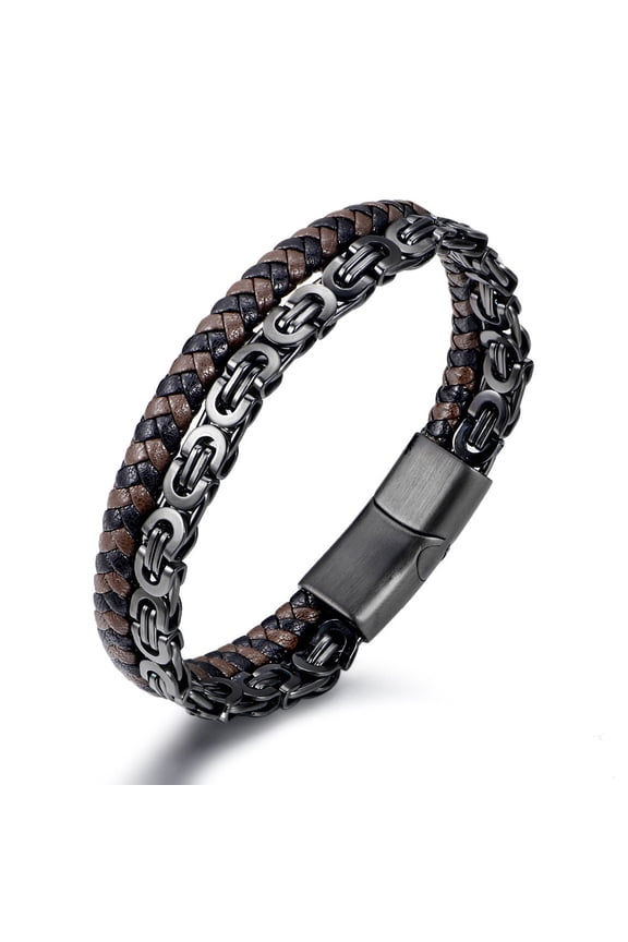 Leather Bracelet for Men Multi-Layer Braided Byzantine Chain Bracelet with Clasp Black Inspirational Bangle Bracelet Wristband Stainless Steel Jewelry Birthday Gift for Husband Dad Son