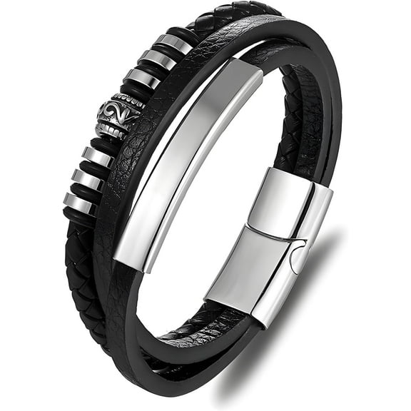 Leather Bracelet for Men, Multi-Layer Braided Gothic Punk Rock Mens Cuff Bracelets with Stainless Steel Clasp Stacked Anniversary Father's Day Birthday Christmas Jewelry Gifts for Him