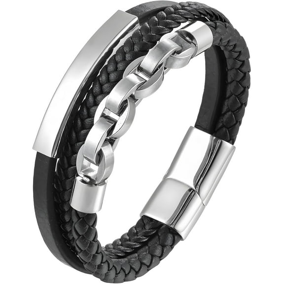 Leather Bracelet for Men, Multi-Layer Braided Men's Cuff Bracelets with Stainless Steel Chain Anniversary Father's Day Birthday Christmas Jewelry Gifts for Him