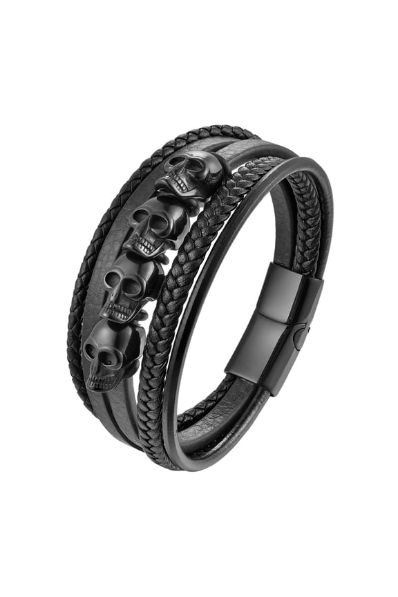 Leather Bracelet for Men, Multi-Layer Braided Stainless Steel Skull Head Skeleton Ghost Mens Cuff Bracelets Gothic Punk Rock Anniversary Father's Day Birthday Christmas Jewelry Gifts for Him