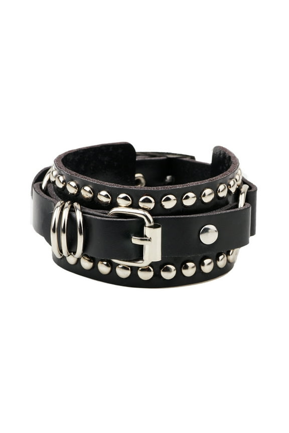 Leather Bracelet Punk Spike Rivets Cuff Metal Studded Black Wristband Adjustable