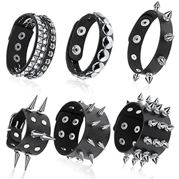 Leather Bracelet Studded Rivet Buckle Wristband 6Pcs for Punk, Goth and Rock