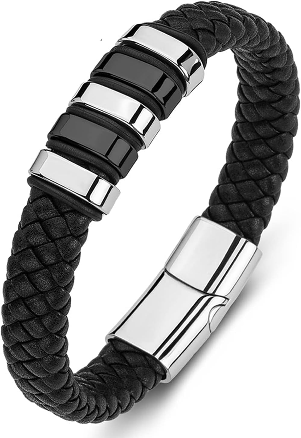 Leather Bracelet for Men Braided Cuff Wristband Stainless Steel Clasp in Silver and Gold Jewellery Gift