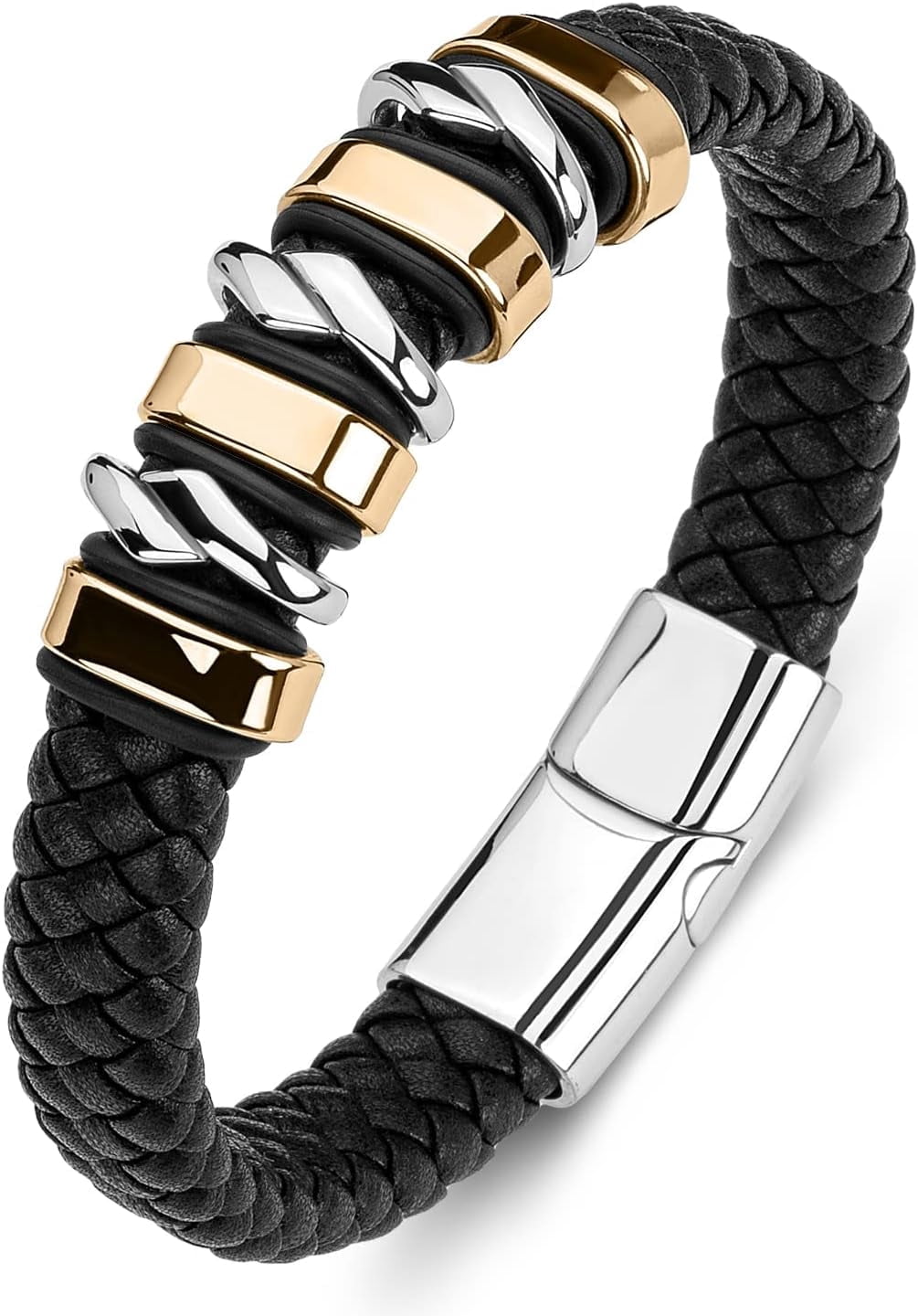 Leather Bracelet for Men Braided Cuff Wristband Stainless Steel Clasp in Silver and Gold Jewellery Gift