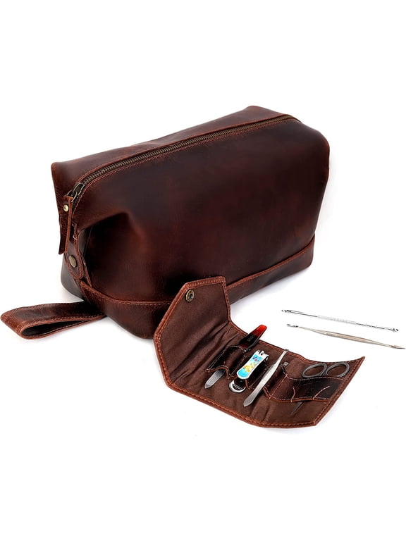 Leather Brown Buffalo DoppKit Unisex Travel Toiletry Cosmetic Pouch Shaving Kit Men Women