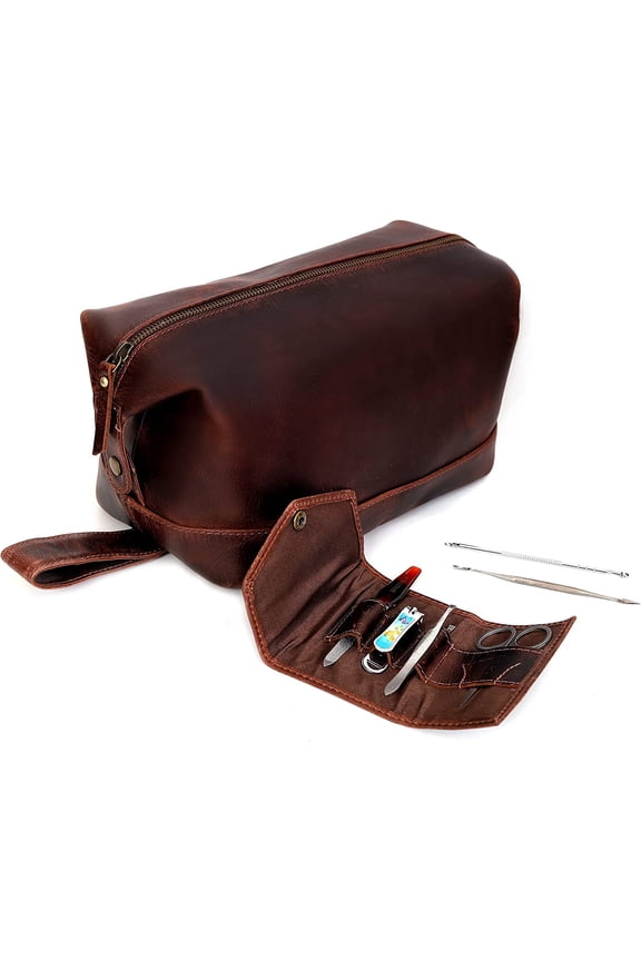 Leather Brown Buffalo DoppKit Unisex Travel Toiletry Cosmetic Pouch Shaving Kit Men Women