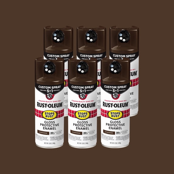 6 Pack, Leather Brown, Rust-Oleum Stops Rust Custom Spray 5 in 1 Gloss Spray Paint-376892, 12 oz
