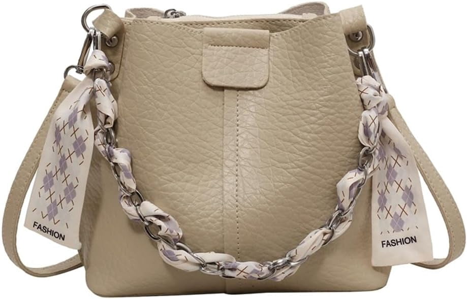 Leather Bucket Bag with Thick Chain for Women Hobo Bucket Bags and Purses Casual Crossbody Shoulder Bucket Handbag