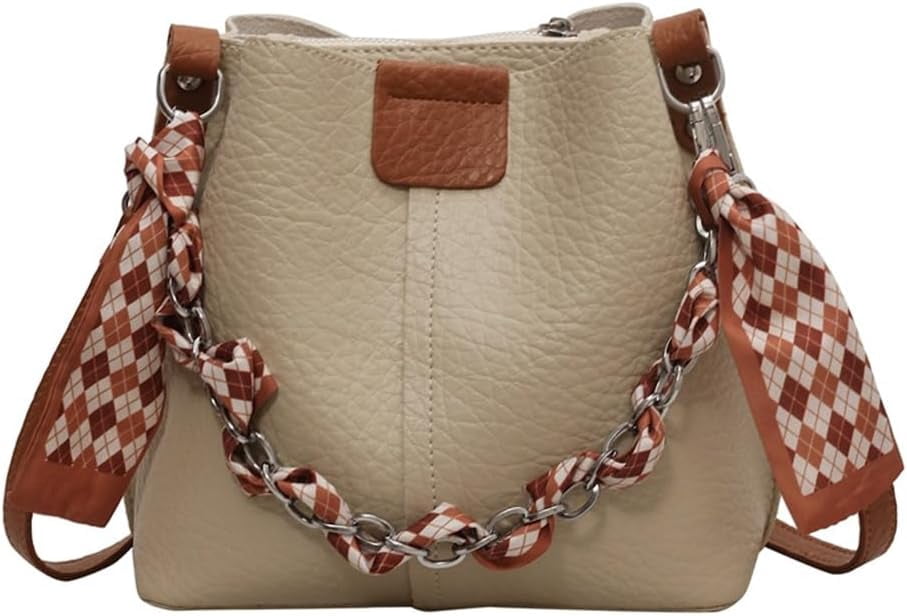 Leather Bucket Bag with Thick Chain for Women Hobo Bucket Bags and Purses Casual Crossbody Shoulder Bucket Handbag