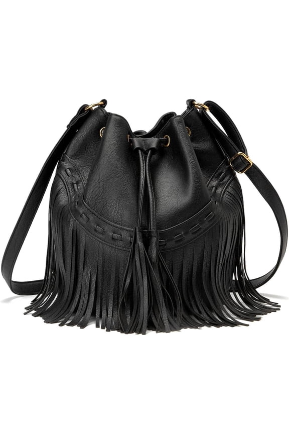 Leather Bucket Bags for Women Crossbody Fringe Purses with Drawstring Ladies Tassel Hobo and Shoulder Handbags