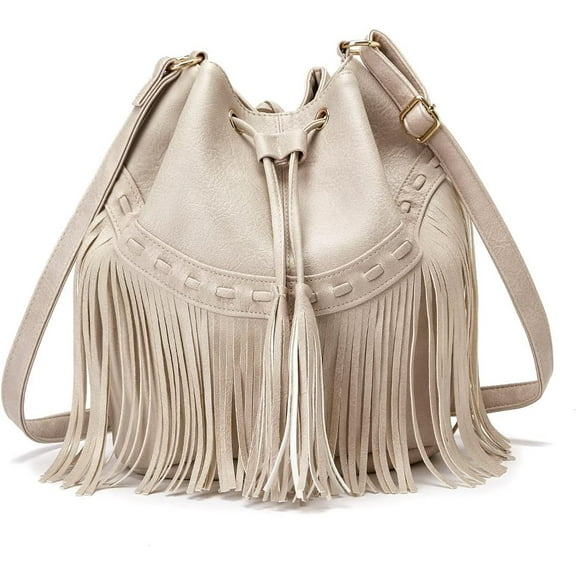 Leather Bucket Bags for Women Crossbody Fringe Purses with Drawstring Ladies Tassel Hobo and Shoulder Handbags