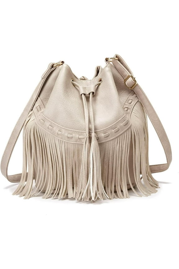 Leather Bucket Bags for Women Crossbody Fringe Purses with Drawstring Ladies Tassel Hobo and Shoulder Handbags