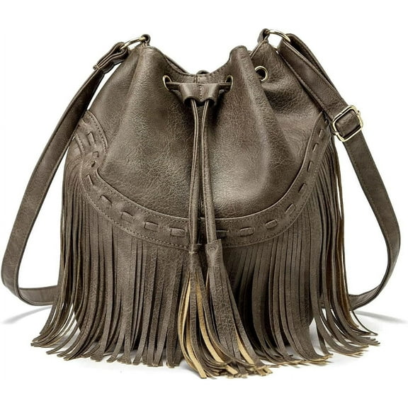 Leather Bucket Bags for Women Crossbody Fringe Purses with Drawstring Ladies Tassel Hobo and Shoulder Handbags